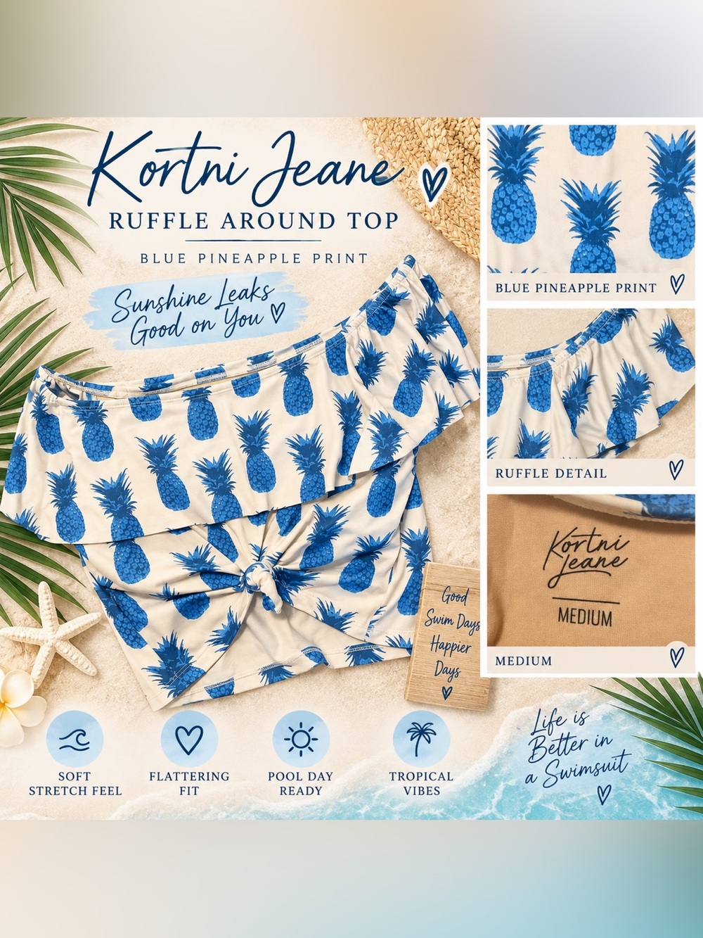 Kortni Jeane Blue Pineapple Ruffle Swim Top – Medium